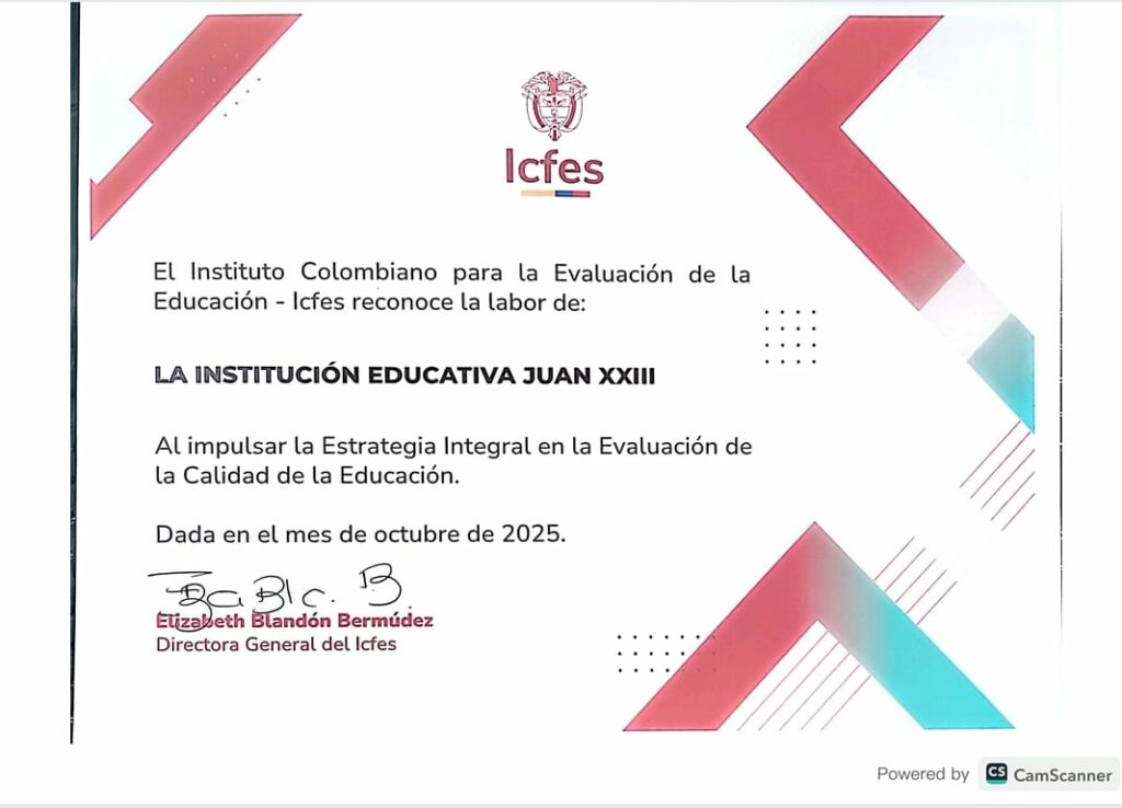 Imagen con la exaltación del ICFES a la Institución educativa Juan XXIII por su estrategia integral de evaluación de la calidad.